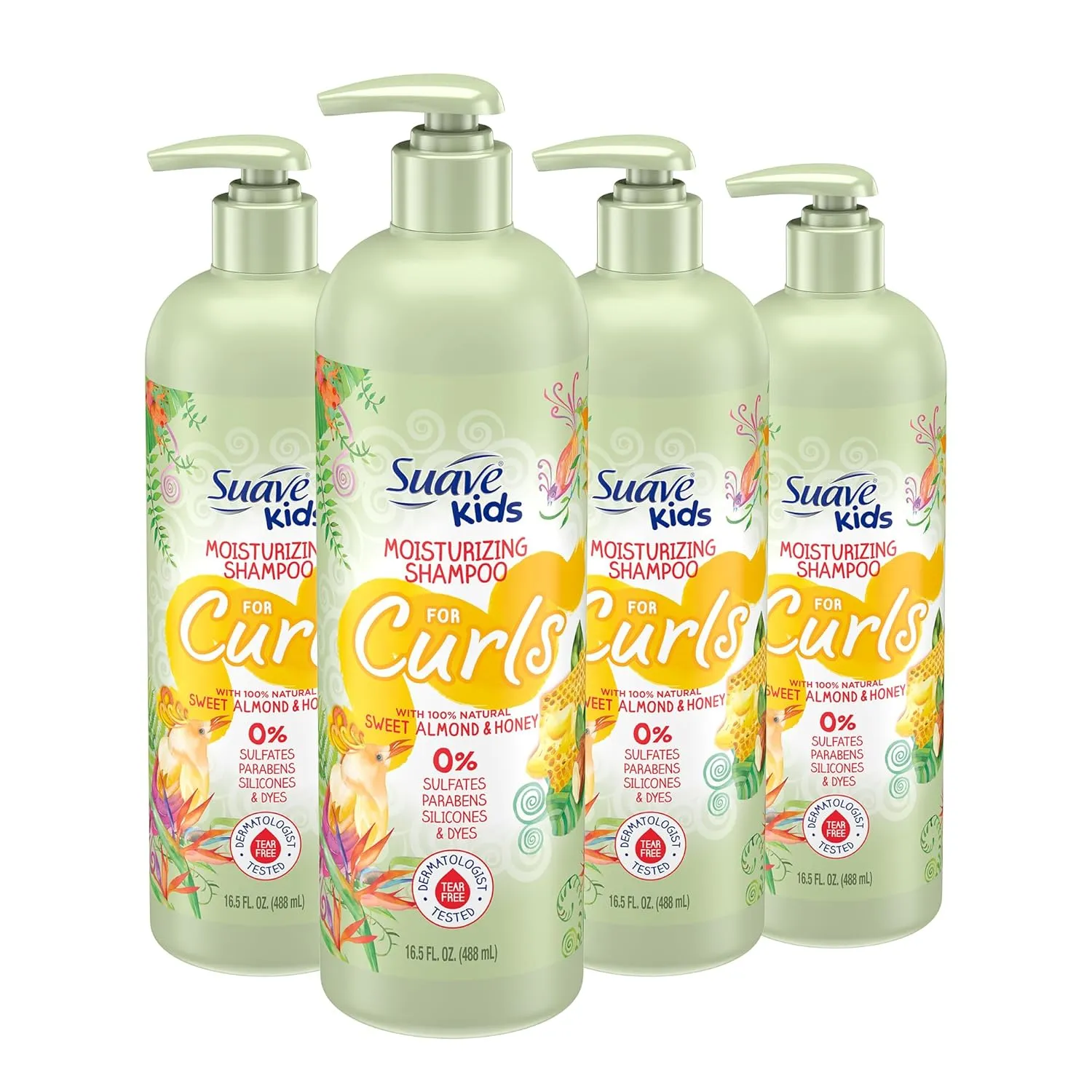 Suave Kids Natural Sweet Almond Honey Curly Hair Shampoo, Tear Free, No Sulfates, No Parabens, No Silicones, No Dyes, 16.5 Oz Pack of 4