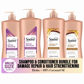 Suave Shampoo and Conditioner Set, Coconut Oil Infusion   Biotin Infusion – Hair Repair & Strengthening Hair Care Bundle, 28 Oz Ea (4 Piece Set)