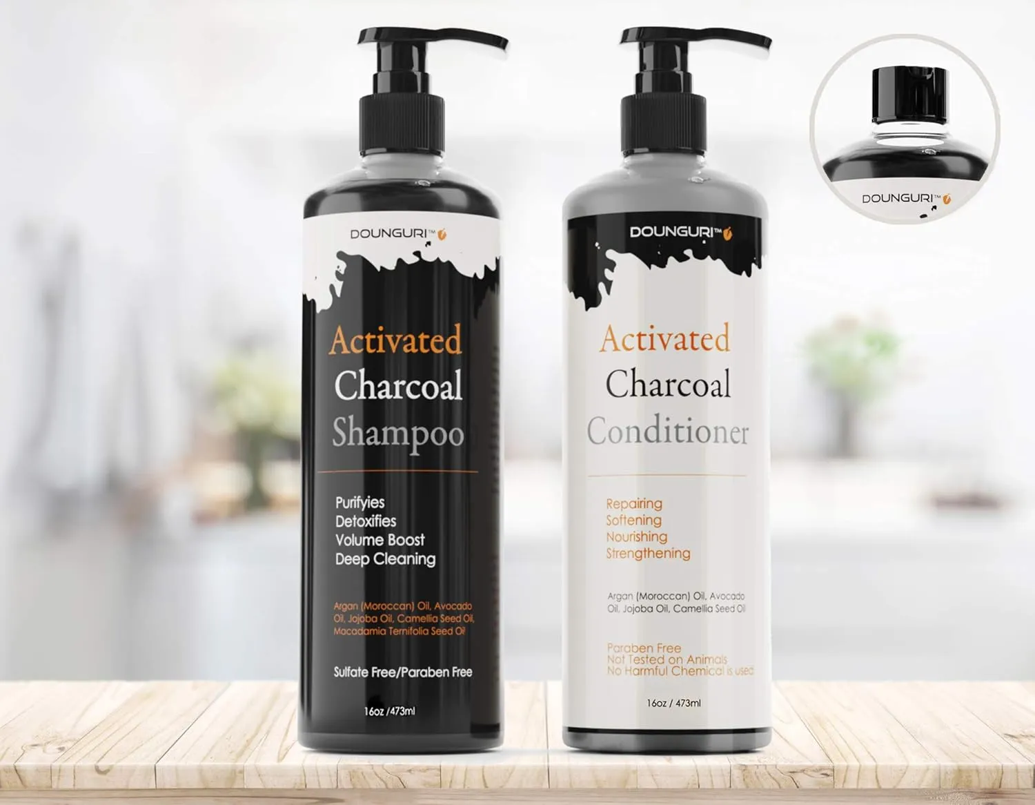 Sulfate Free Activated Charcoal Hair Shampoo and Conditioner for Clarifying, Detoxification and Volumizing 16oz – Organic Ingredients: Argan (Moroccan), Avocado (Shampoo and Conditioner)