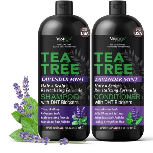 Tea Tree Lavender Mint Shampoo and Conditioner Set with 100% Pure Tea Tree Oil for Itchy, Dry Scalp - Deep Moisturizing & Cleansing - Sulfate & Paraben Free - Made in USA - 16 fl oz Each