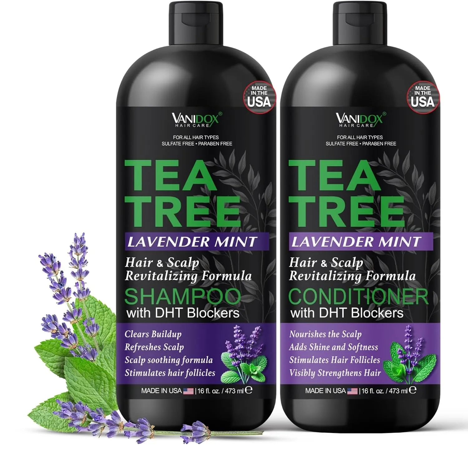 Tea Tree Lavender Mint Shampoo and Conditioner Set with 100% Pure Tea Tree Oil for Itchy, Dry Scalp - Deep Moisturizing & Cleansing - Sulfate & Paraben Free - Made in USA - 16 fl oz Each