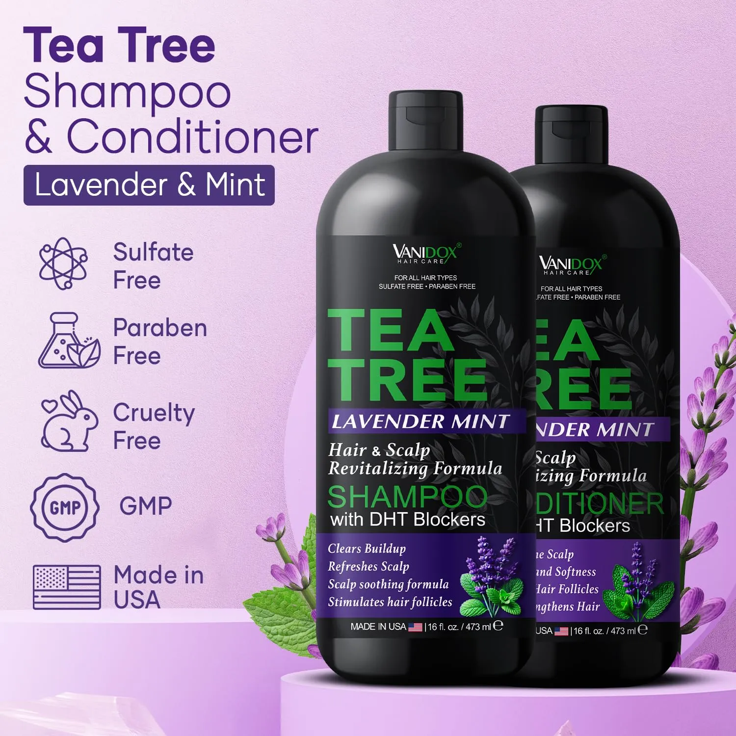 Tea Tree Lavender Mint Shampoo and Conditioner Set with 100% Pure Tea Tree Oil for Itchy, Dry Scalp - Deep Moisturizing & Cleansing - Sulfate & Paraben Free - Made in USA - 16 fl oz Each