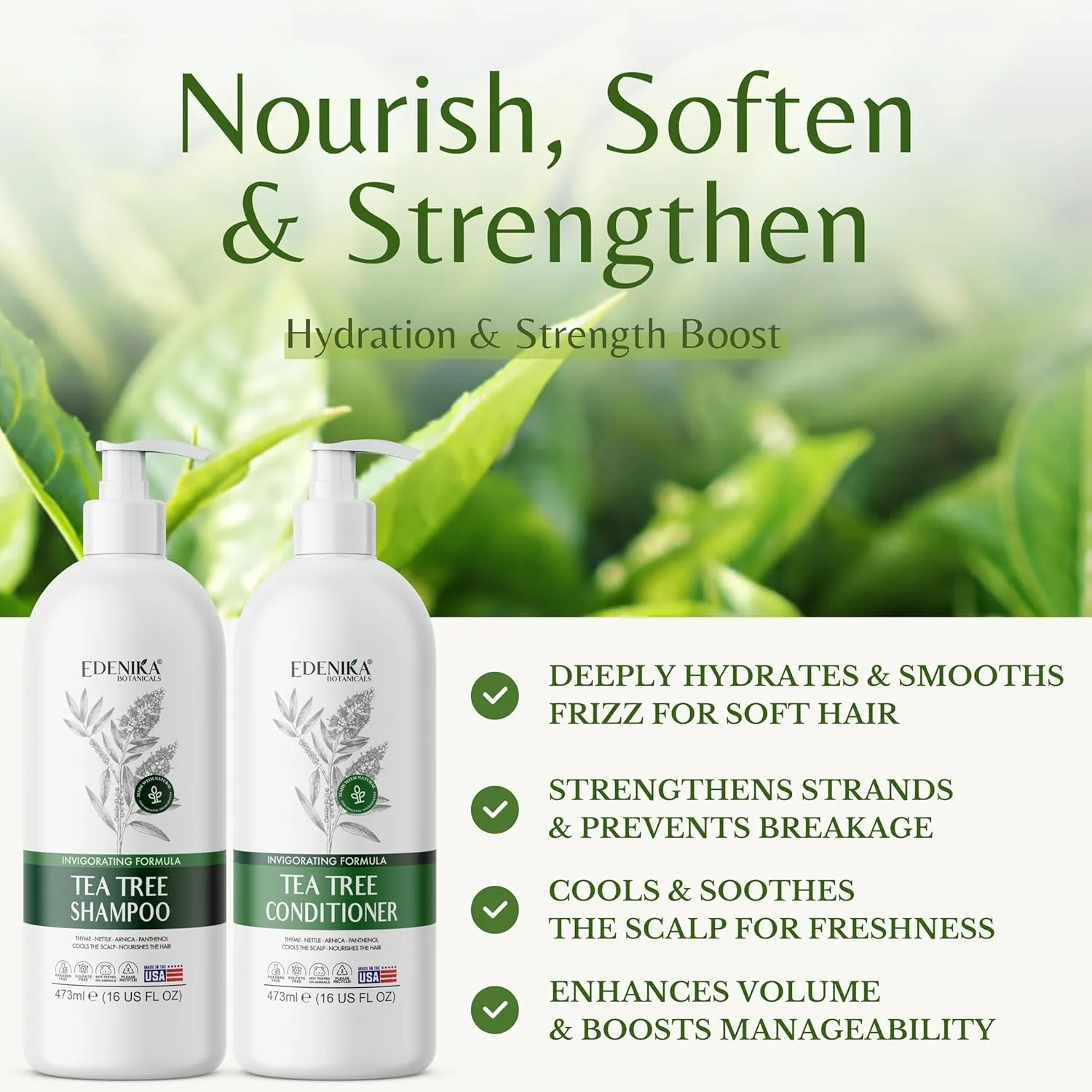 Tea Tree Oil Shampoo and Conditioner, Soothes Itchy & Dry Scalp, Deep Cleansing for Dandruff & Buildup, Hydrates & Refreshes, Sulfate Free, Women & Men, 16 fl oz Each