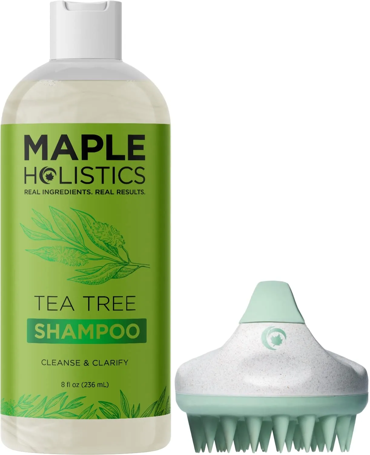 Tea Tree Oil Shampoo with Hair Shampoo Brush - In Shower Scalp Scrubber Exfoliator Made with Recycled Wheat Straw and Soft Silicone plus Sulfate Free Clarifying Shampoo for Build Up 8 Fl Oz