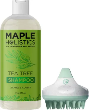 Tea Tree Oil Shampoo with Hair Shampoo Brush - In Shower Scalp Scrubber Exfoliator Made with Recycled Wheat Straw and Soft Silicone plus Sulfate Free Clarifying Shampoo for Build Up 8 Fl Oz