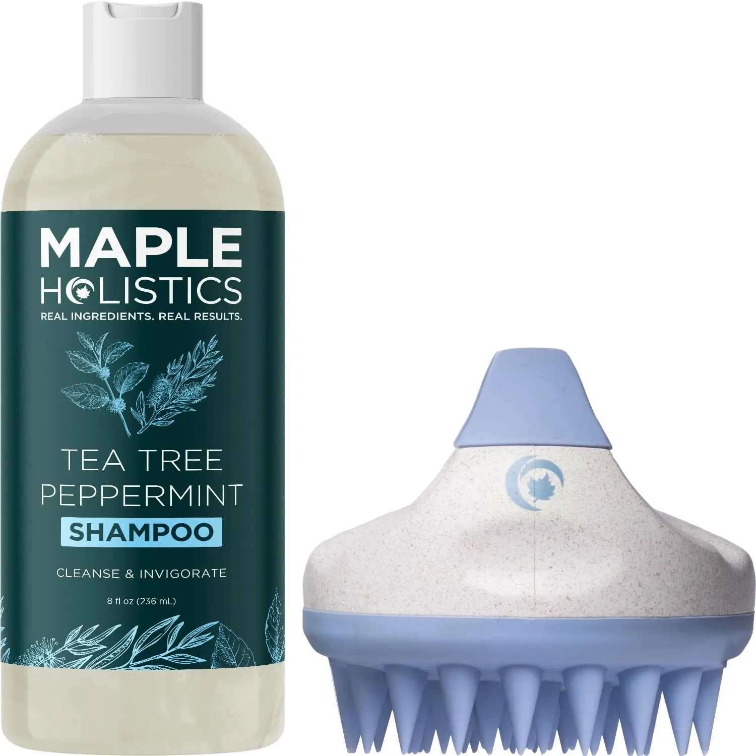 Tea Tree Peppermint Shampoo with Hair Shampoo Brush - In Shower Scalp Scrubber Exfoliator Made with Recycled Wheat Straw and Soft Silicone plus Sulfate Free Clarifying Shampoo for Build Up (8 Fl Oz)