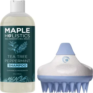 Tea Tree Peppermint Shampoo with Hair Shampoo Brush - In Shower Scalp Scrubber Exfoliator Made with Recycled Wheat Straw and Soft Silicone plus Sulfate Free Clarifying Shampoo for Build Up (8 Fl Oz)