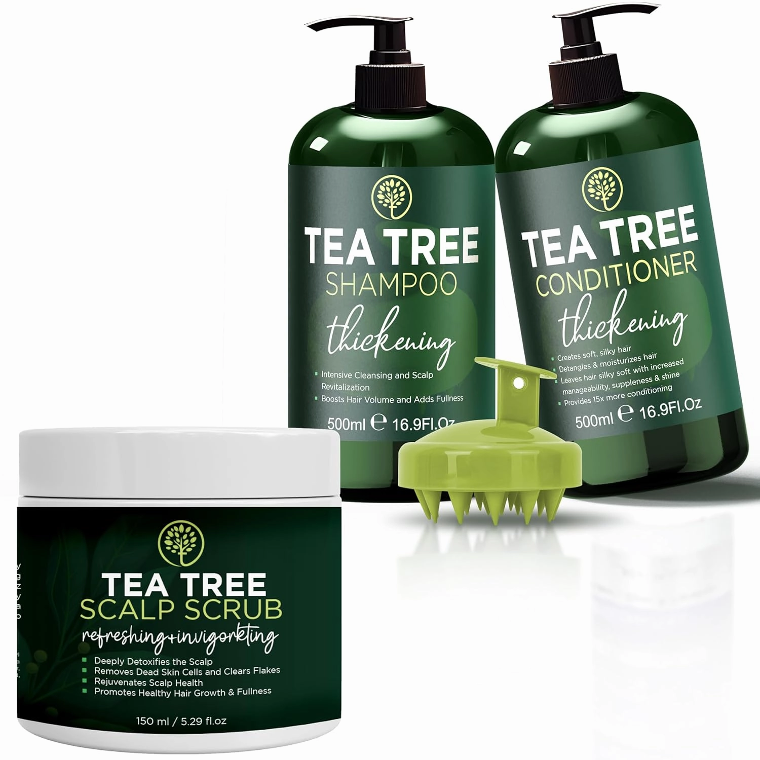 Thickening Tea Tree Shampoo   Conditioner   Scrub Set for Itchy Scalp, Hair Loss, Dandruff | w/Tea Tree Oil, Aloe, Rosemary, Jojoba | Hair Thickening, Volume Boost for Men & Women
