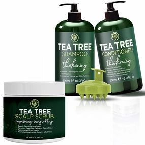 Thickening Tea Tree Shampoo   Conditioner   Scrub Set for Itchy Scalp, Hair Loss, Dandruff | w/Tea Tree Oil, Aloe, Rosemary, Jojoba | Hair Thickening, Volume Boost for Men & Women