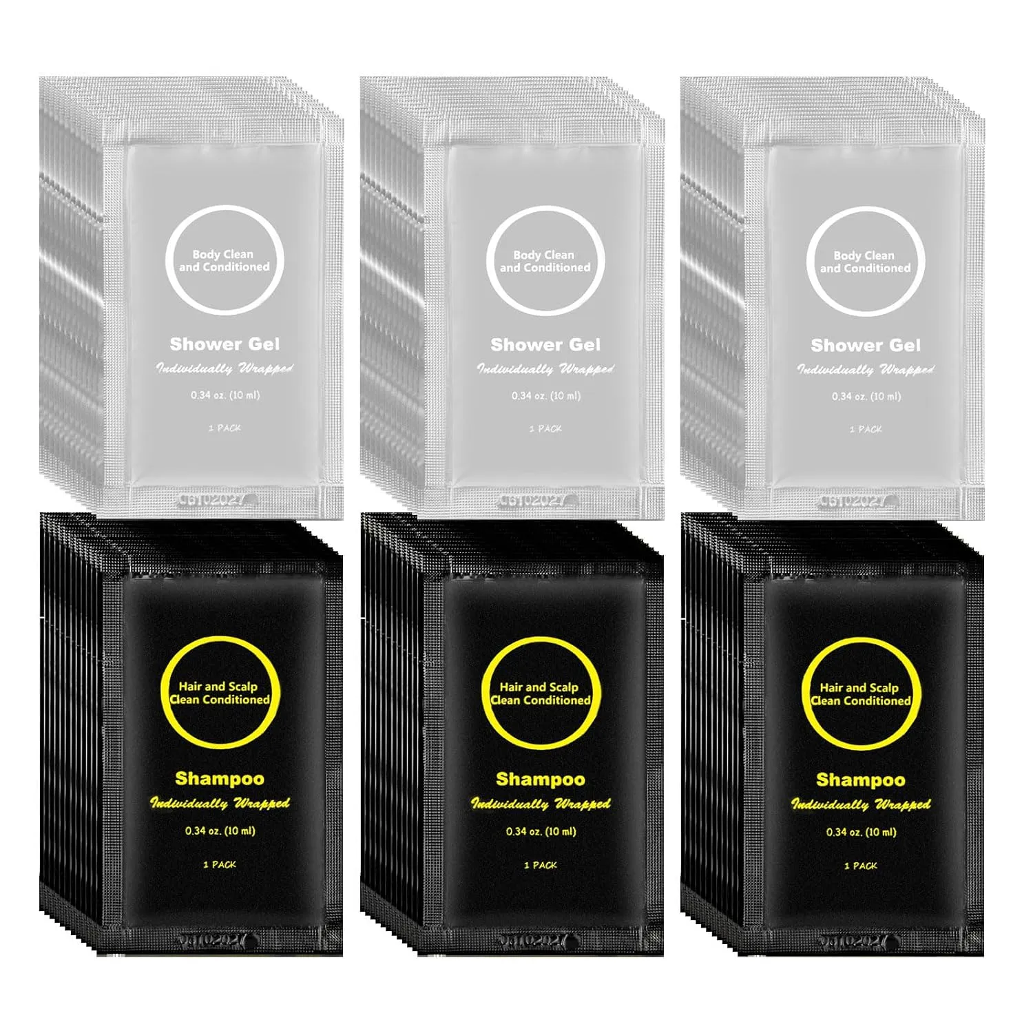 Travel Size Shampoo and Body Wash Bulk, Individually Wrapped Hotel Mini Shower Gel and Small Men Women Cleansing Toiletries Amenities for Hotel Guests/Vacation/Homeless 0.34 oz (100 Pack)