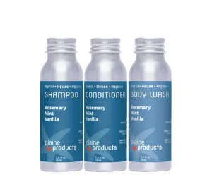 Travel Size Shampoo, Conditioner and Body Wash - Rosemary, Mint, Vanilla - Sulfate Free, Refillable Bottle, 2.5 oz