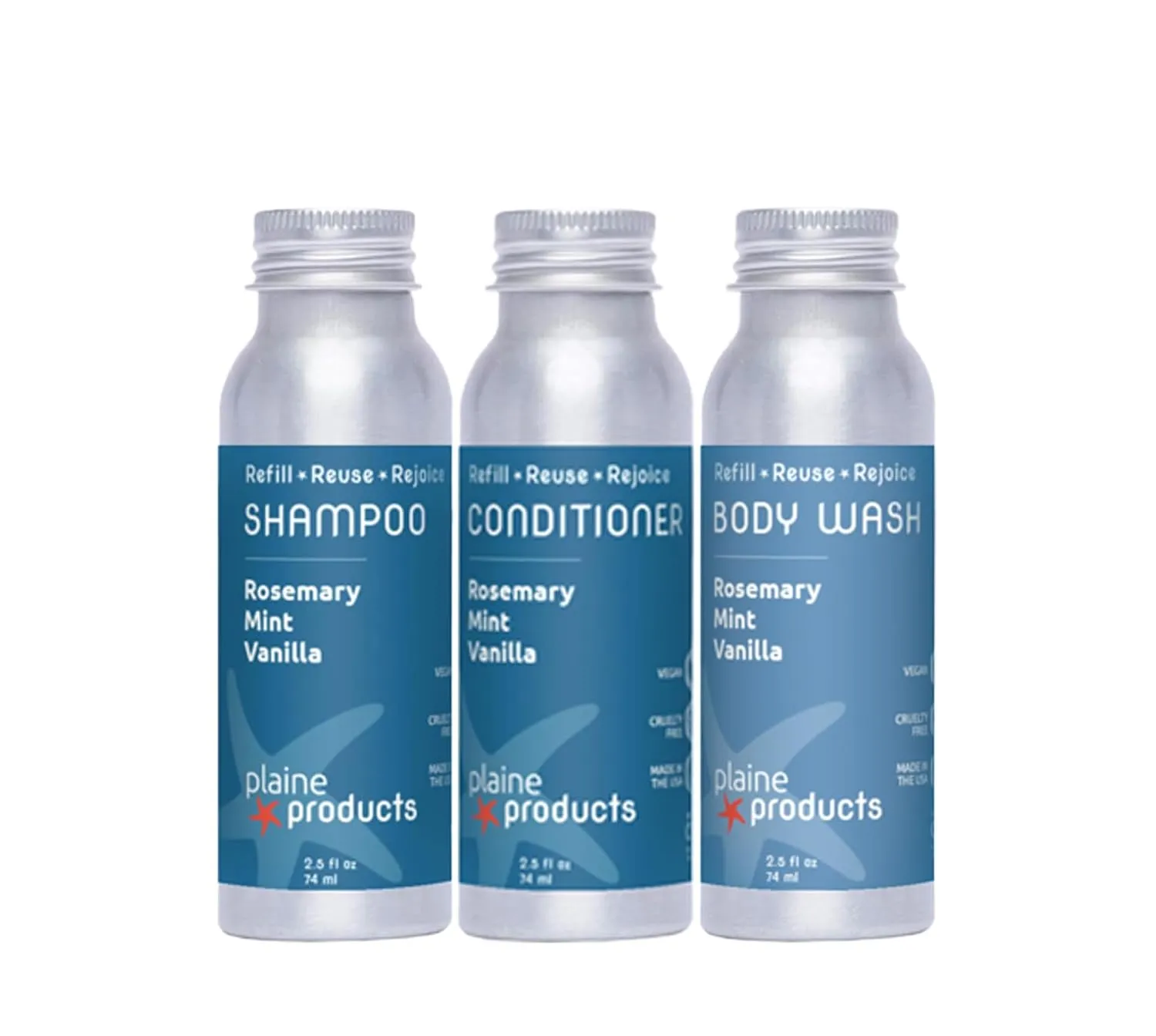 Travel Size Shampoo, Conditioner and Body Wash - Rosemary, Mint, Vanilla - Sulfate Free, Refillable Bottle, 2.5 oz