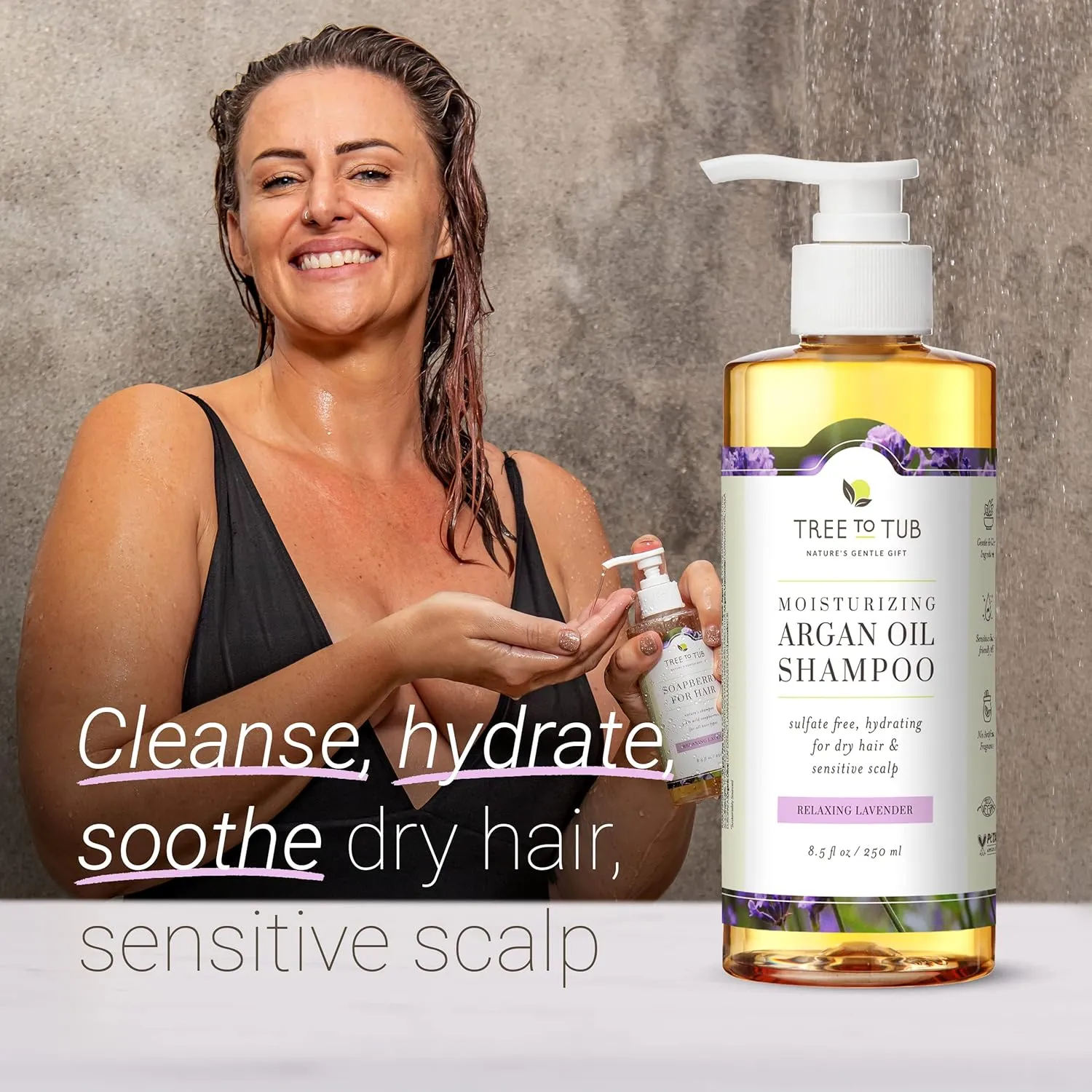 Tree to Tub Lavender Dry Hair Shampoo for Sensitive Scalp - Gentle Hydrating Dry Scalp Shampoo for Women & Men, Moisturizing Sulfate Free Shampoo w/Organic Argan Oil, Chamomile, All Natural Aloe Vera