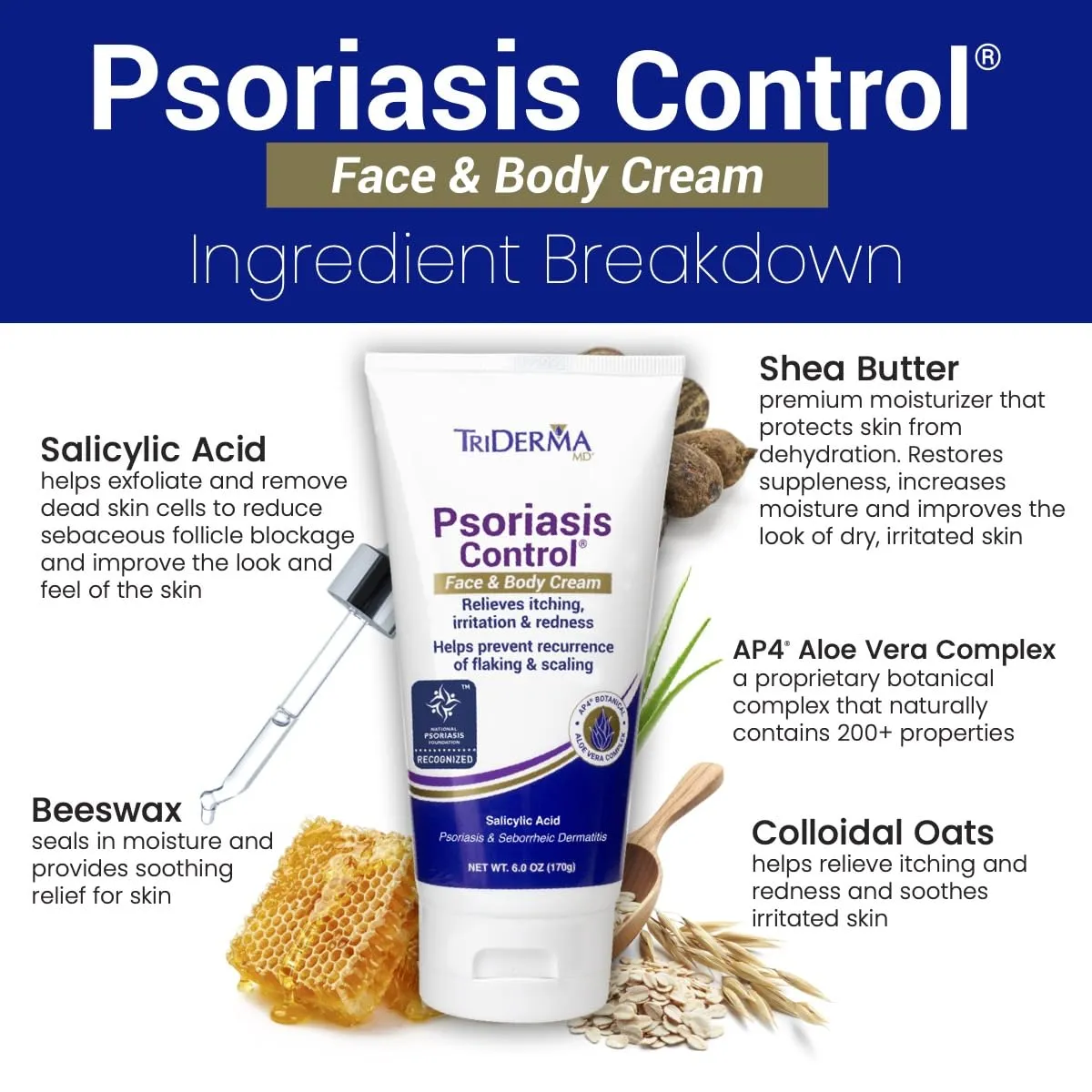 TriDerma Psoriasis Control Face & Body Cream - Maximum Strength 3% Salicylic Acid, AP4 Aloe Vera Gel, Urea Cream - Extra Moisturizing Treatment, No Cortisone or Coal Tar - FSA Eligible - 6 Oz