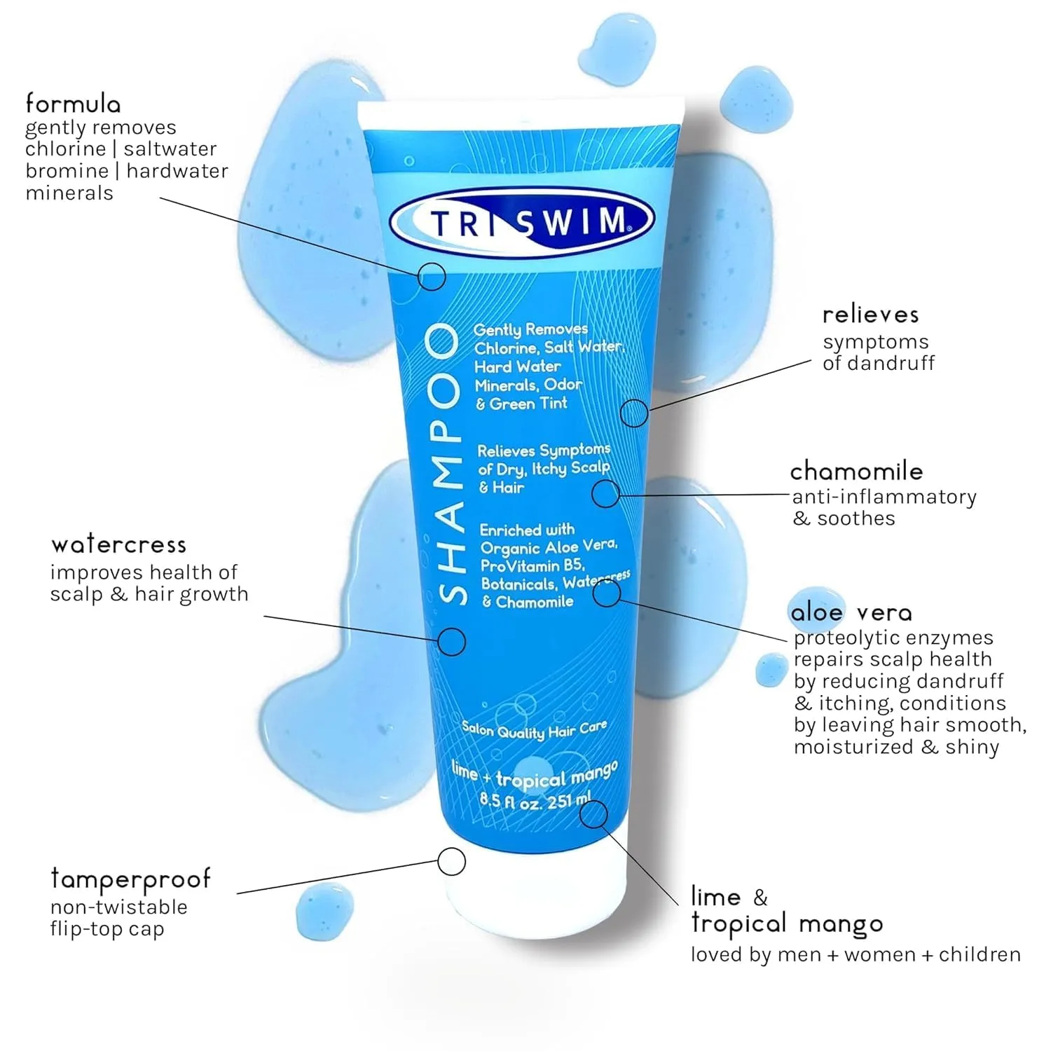 TRISWIM Chlorine Removal Shampoo 8.5 Fl Oz | Gently Removes Chlorine, Salt Water, and Hard Water Buildup | Relieves Dry and Itchy Scalp | Enriched with Organic Aloe Vera and Botanicals | Pack of 2