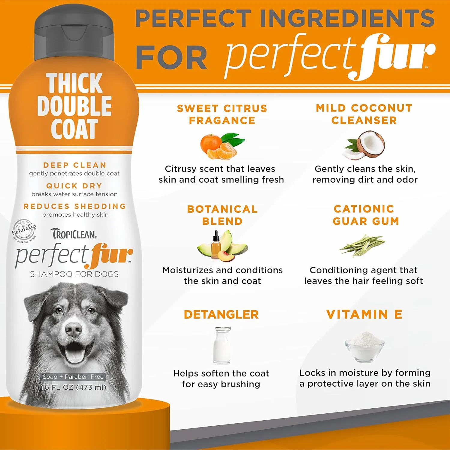 TropiClean Perfect Fur Detangling and Deshedding Dog Shampoo for Breeds with Thick Double Coats, Natural Moisturizing Shampoo, Puppy Safe, 16oz.