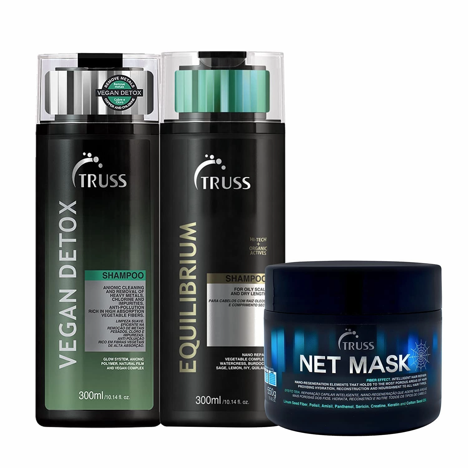 TRUSS Vegan Detox Shampoo Bundle with Equilibrium Shampoo for Oily Hair and Net Hair Mask Anti Frizz Intensive Repair