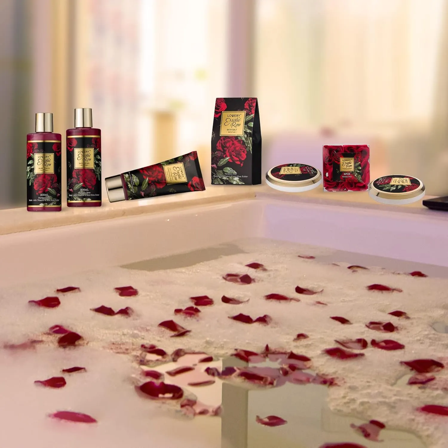 Valentine's Day Gift Basket for Her - Exotic Rose & Spa Bath & Body Set for Women, Anniversary & Birthday Gift with Body Scrub, Bubble Bath, Lotion & More