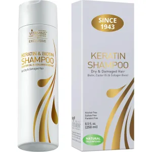 VITAMINS hair cosmetics Keratin Shampoo Treatment - Biotin & Collagen Protein with Castor Oil for Curly Wavy or Straight Locks - Sulfate Free Product for Dry Damaged or Color Treated Hair