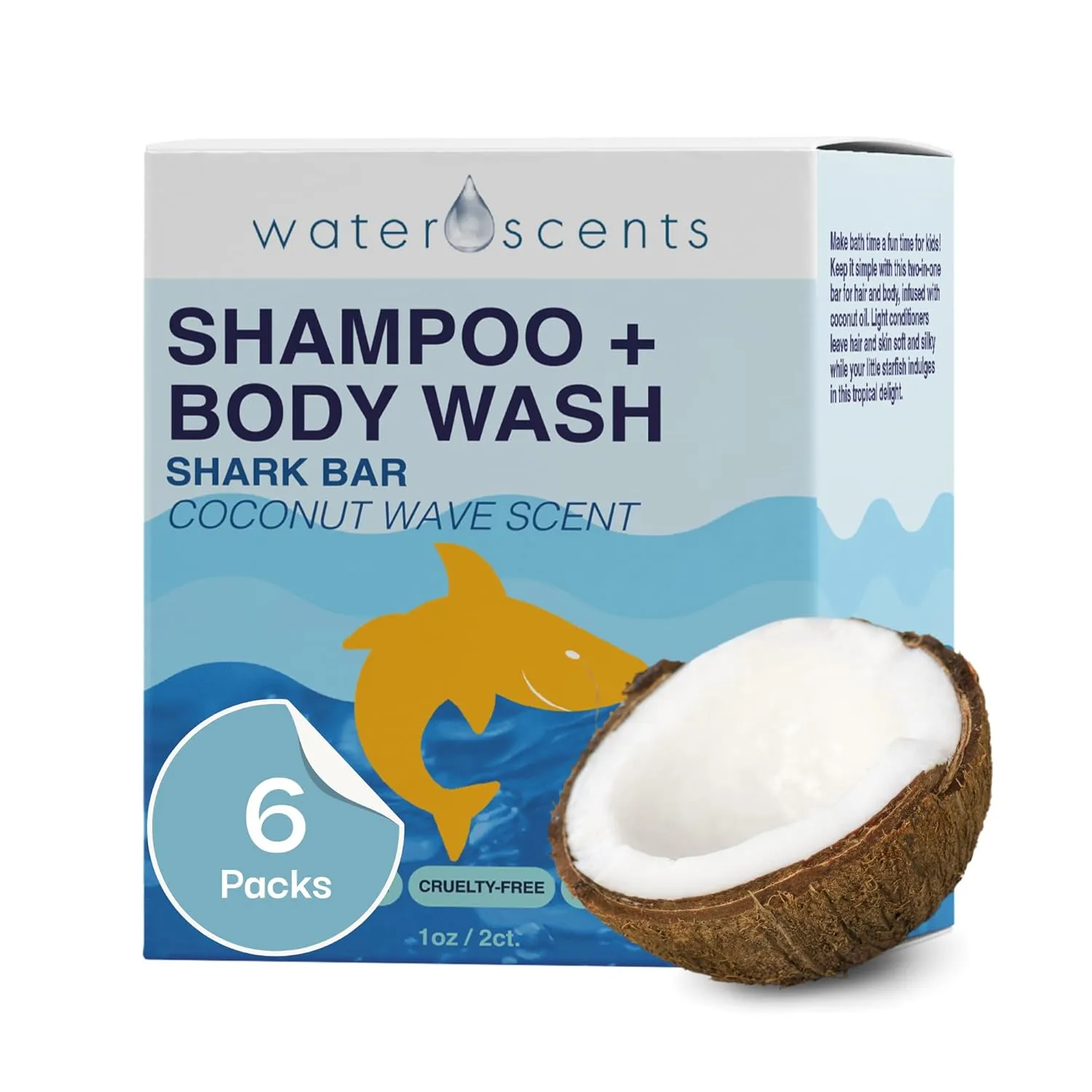 Water Scents 2-in-1 Shark Bar Shampoo & Body Wash – Coconut Wave | Natural, Vegan, Moisturizing Bar Soap for Hair & Skin | Solid, Travel-Friendly, USA Made | 6 Packs