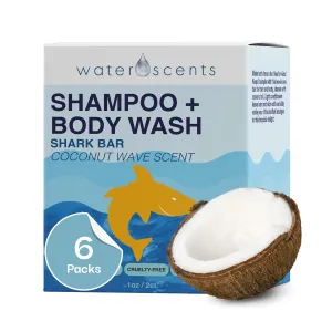 Water Scents 2-in-1 Shark Bar Shampoo & Body Wash – Coconut Wave | Natural, Vegan, Moisturizing Bar Soap for Hair & Skin | Solid, Travel-Friendly, USA Made | 6 Packs