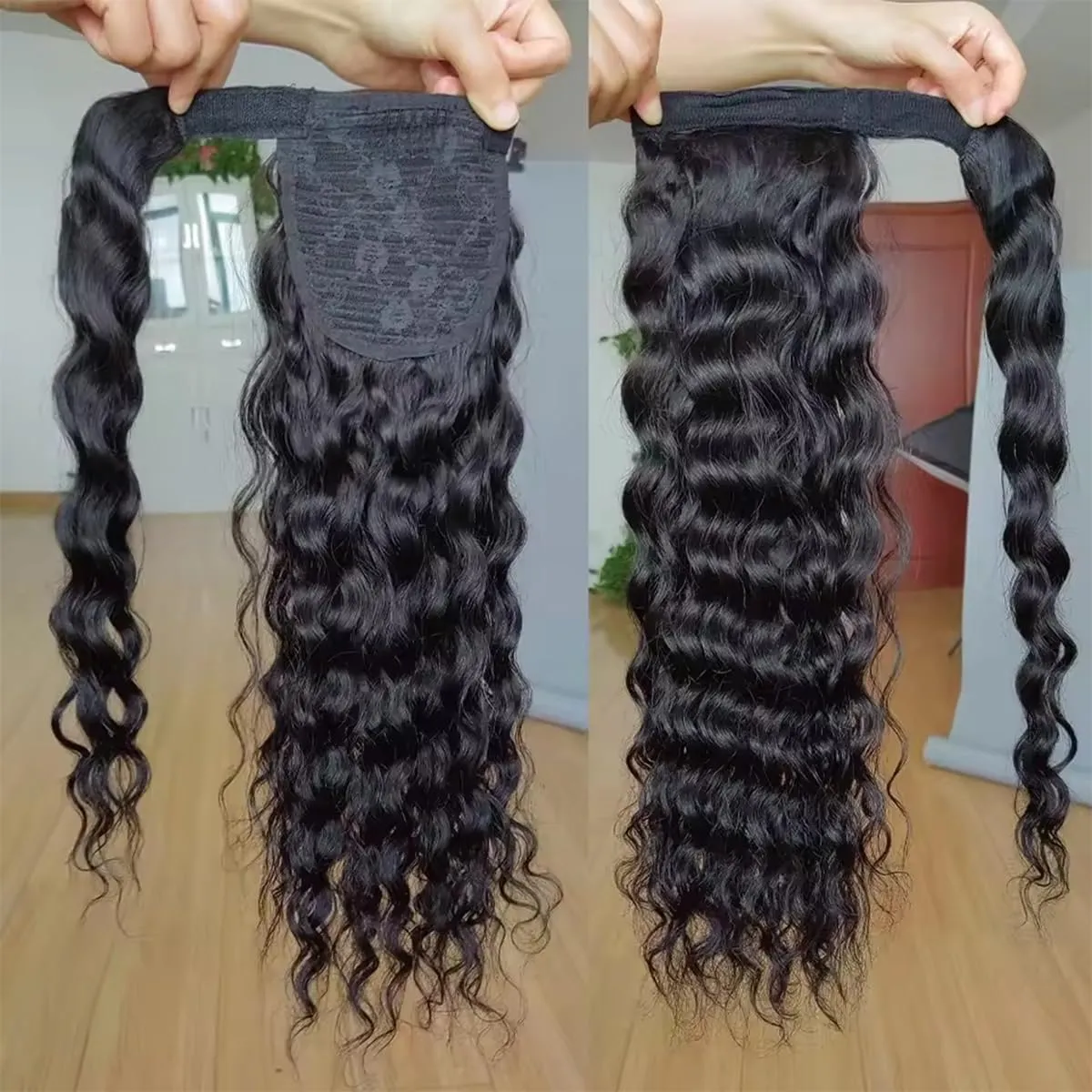 Water Wave Extension Natural Black Color Brazilian Hair Clip in Wrap Around Magic Paste Corn Wave Human Hair Ponytail 10A Grade Ponytail Remy Hair 125g 16 Inch