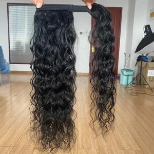 Water Wave Extension Natural Black Color Brazilian Hair Clip in Wrap Around Magic Paste Corn Wave Human Hair Ponytail 10A Grade Ponytail Remy Hair 125g 16 Inch