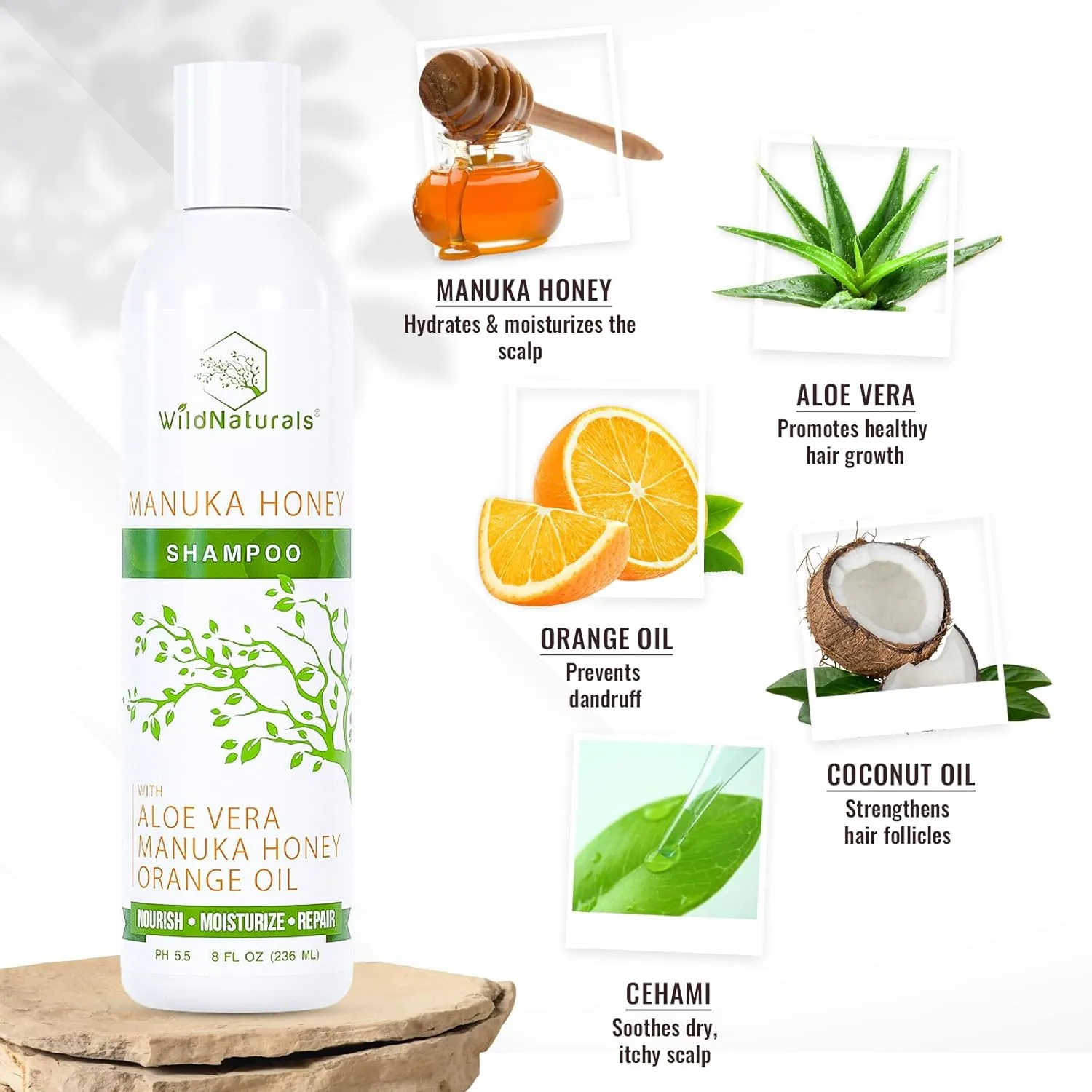 Wild Naturals Manuka Honey Shampoo for Eczema & Psoriasis – Hydrating Sulfate-Free with Aloe Vera & Coconut Oil – Moisturizing Shampoo for Dry, Itchy Scalp