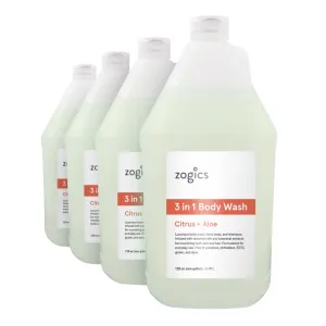 Zogics 3-in-1 Body Wash – Body Soap, Shampoo, and Hand Soap Liquid Refill All-in-One, Hydrating Plant-Based Formula, Refreshing Citrus   Aloe Scent (4 Gallons/Case)